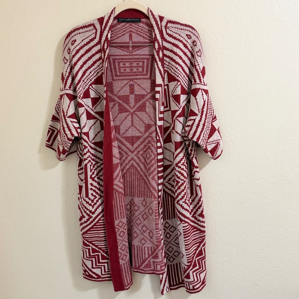 Peruvian Connection Cardigan Women M Red Good Aztec Open Front Knit boho hippie